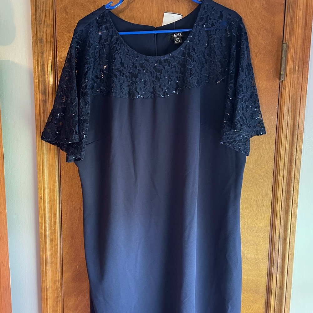 SLNY Midnight Blue Sequin Lace Dress
